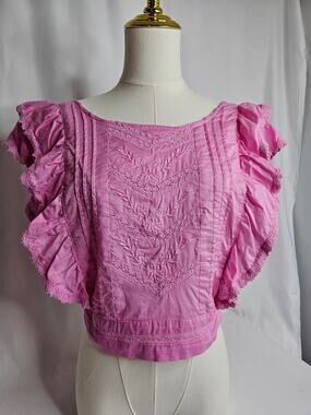Altar'd State L Pink Embroidered Flutter Top 100% Cotton